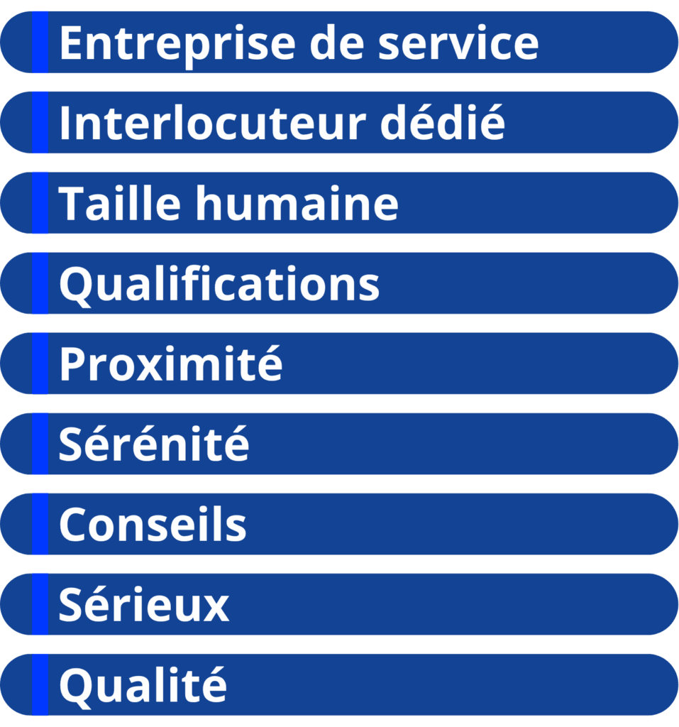 Entreprise de service Interlocuteur dédié Taille humaine Qualifications Proximité Sérénité Conseils Sérieux Qualité